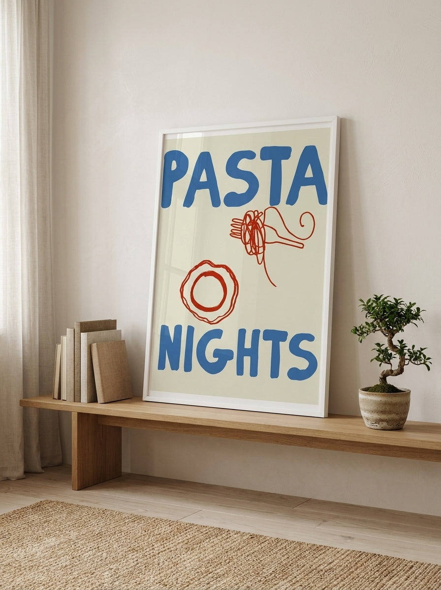 Modern wall art print standing on a bench in a warm Japandi living room