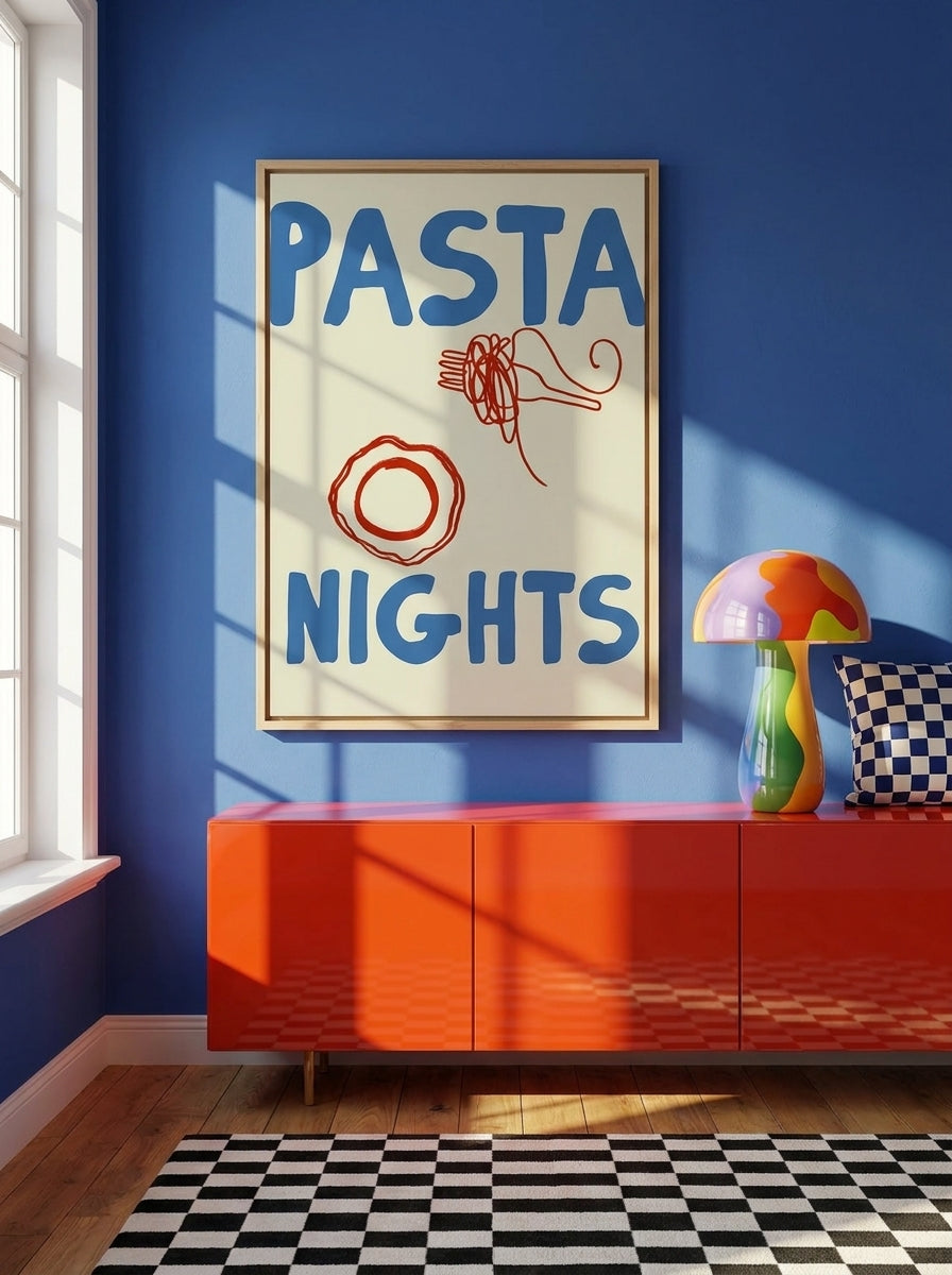 Oversized statement canvas wall art with a natural timber surround styled on the wall in a colourful eclectic living room