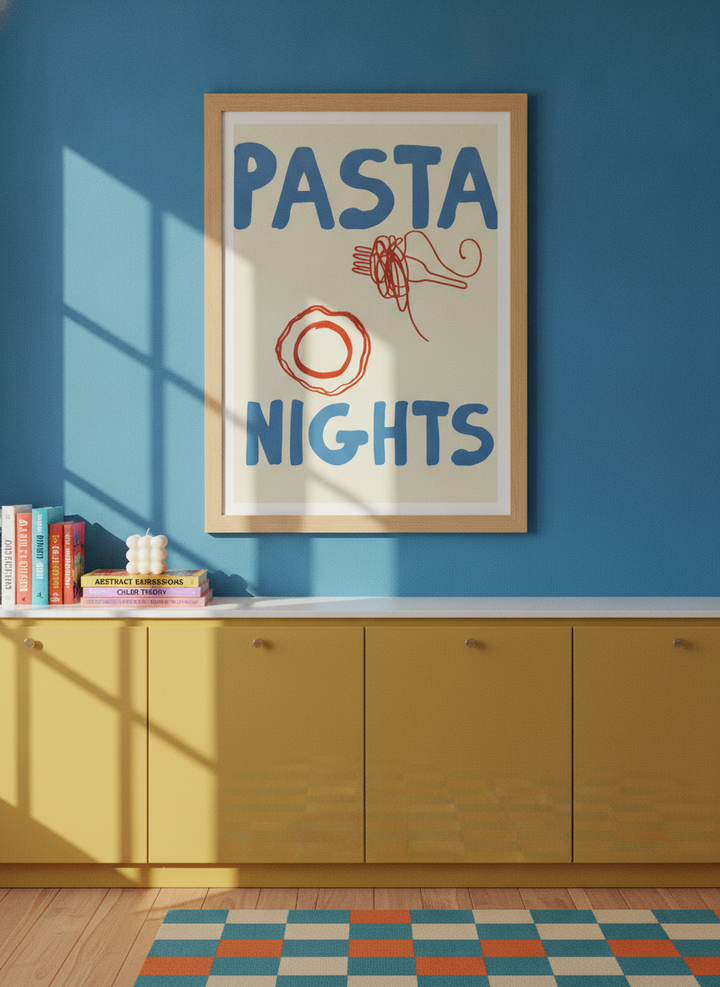 Modern wall art print styled on the wall in a colourful eclectic kitchen