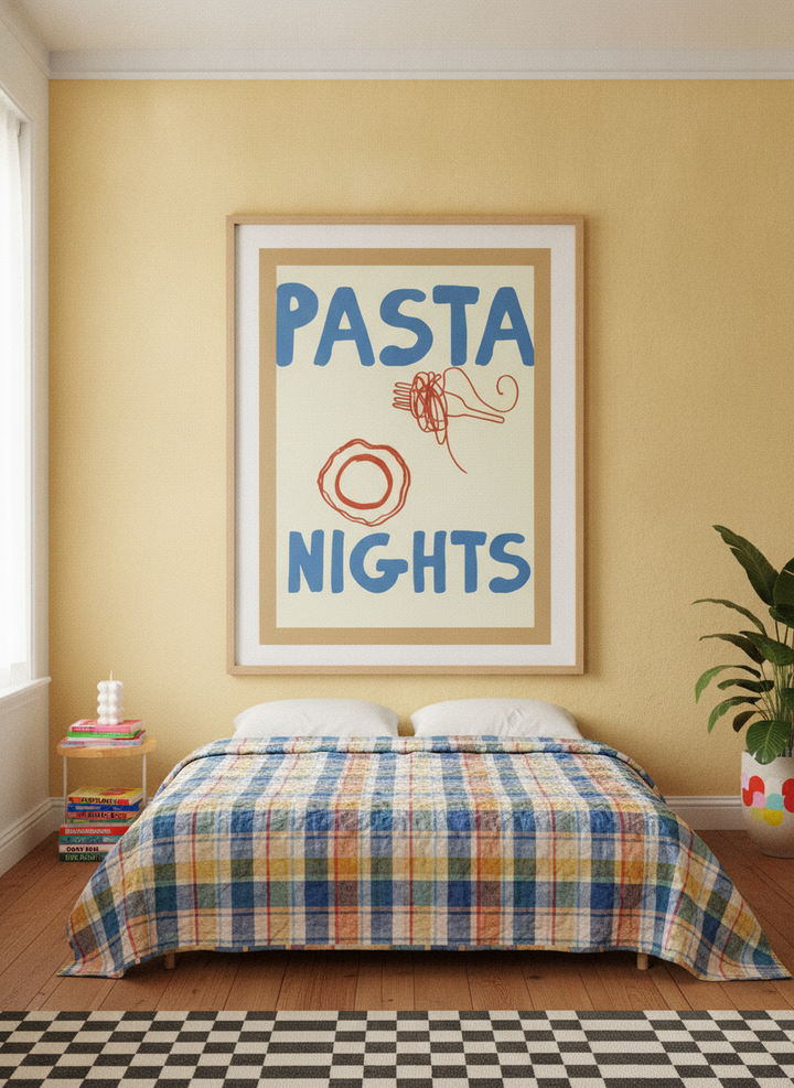 Oversized statement modern wall art print styled on the wall in a colourful eclectic bedroom