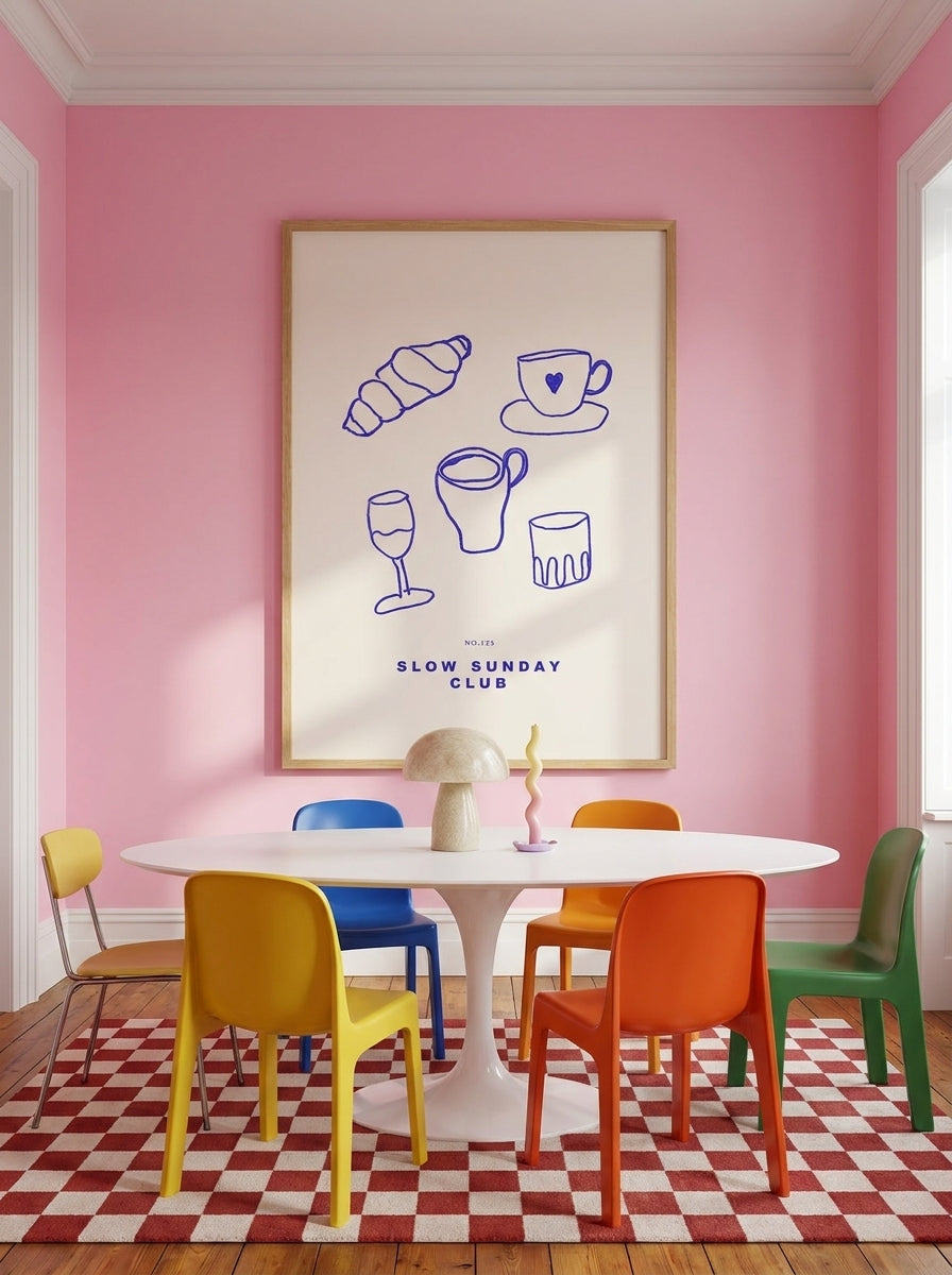 Oversized statement modern wall art print styled on the wall in a colourful eclectic dining room