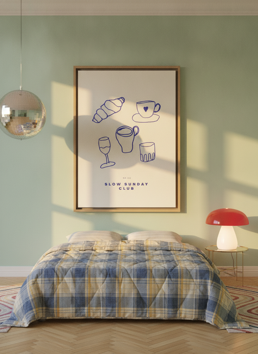 Oversized statement canvas wall art with a natural timber surround styled on the wall in a colourful eclectic bedroom