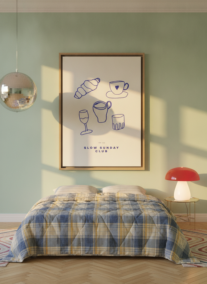 Oversized statement canvas wall art with a natural timber surround styled on the wall in a colourful eclectic bedroom