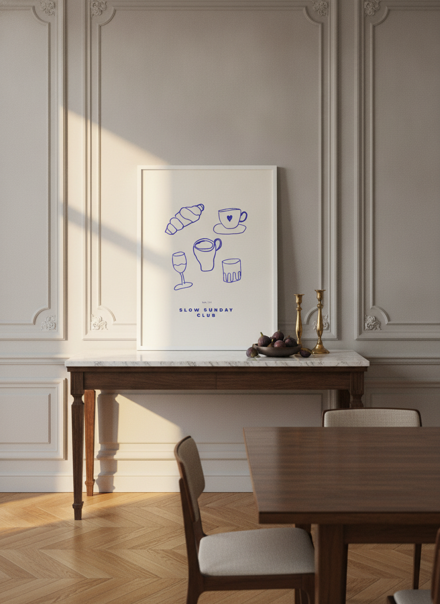 Modern wall art print standing on a console in a Parisian dining room