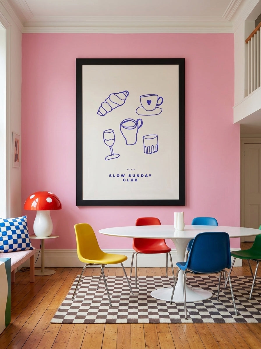 Oversized statement modern wall art print styled on the wall in a colourful eclectic dining room