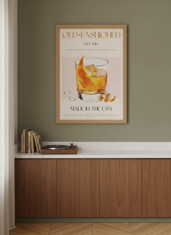 Modern wall art print styled on the wall in a mid-century kitchen