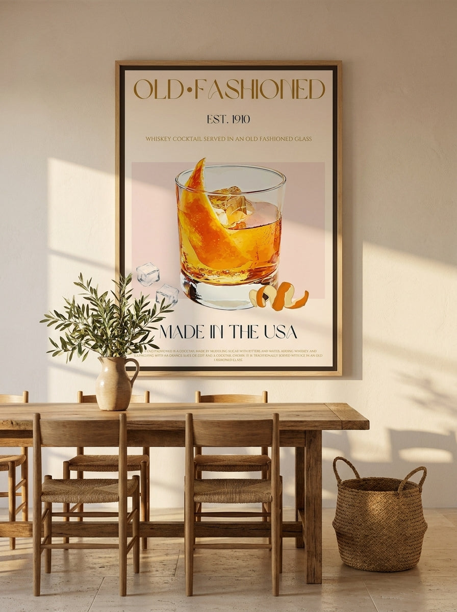 Oversized statement canvas wall art with a natural timber surround styled on the wall in a Mediterranean dining room
