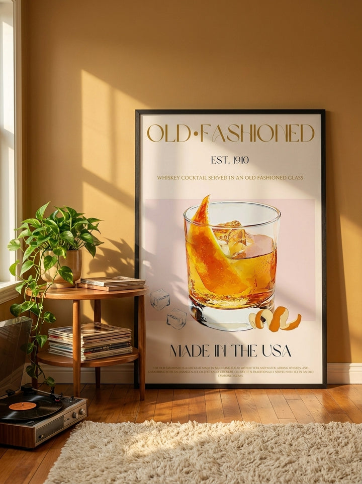 Oversized statement modern wall art print leaning against the wall in a retro 70s dining room