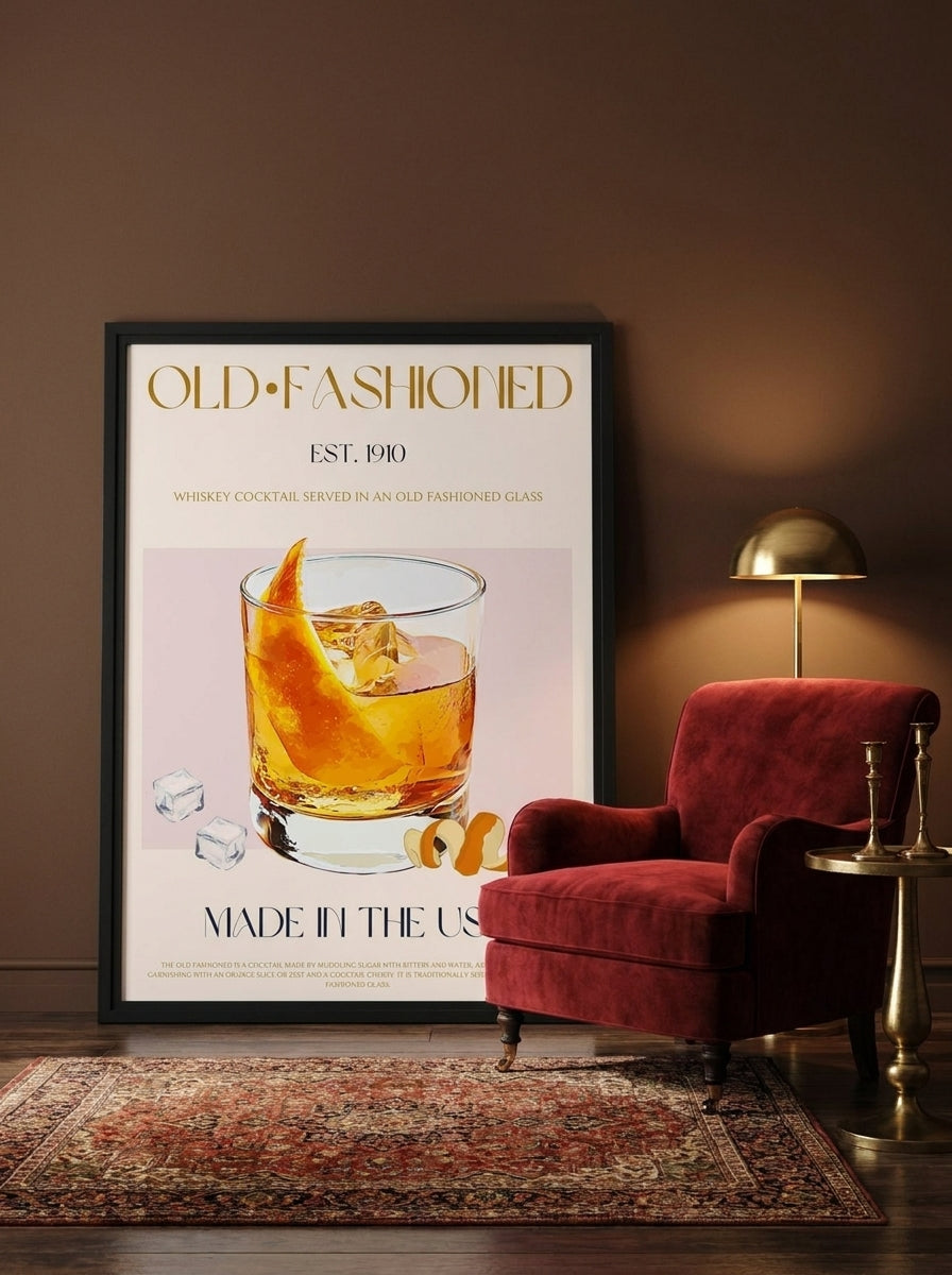 Oversized statement modern wall art print leaning against the wall in a moody dining room