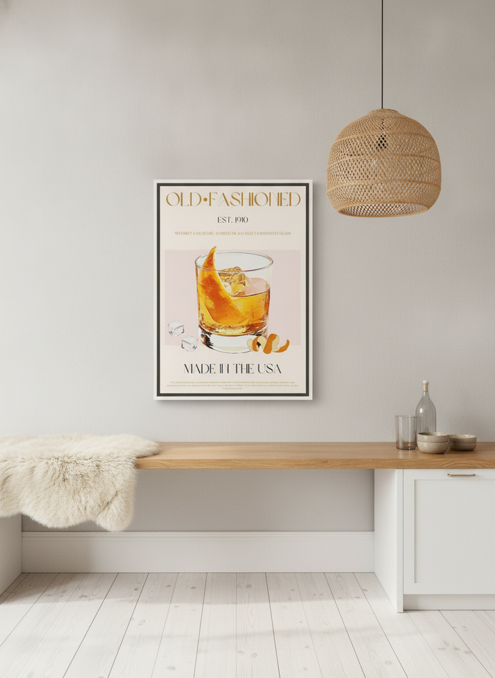 Canvas wall art with a white surround standing on a kitchen bench in a bright Scandinavian kitchen