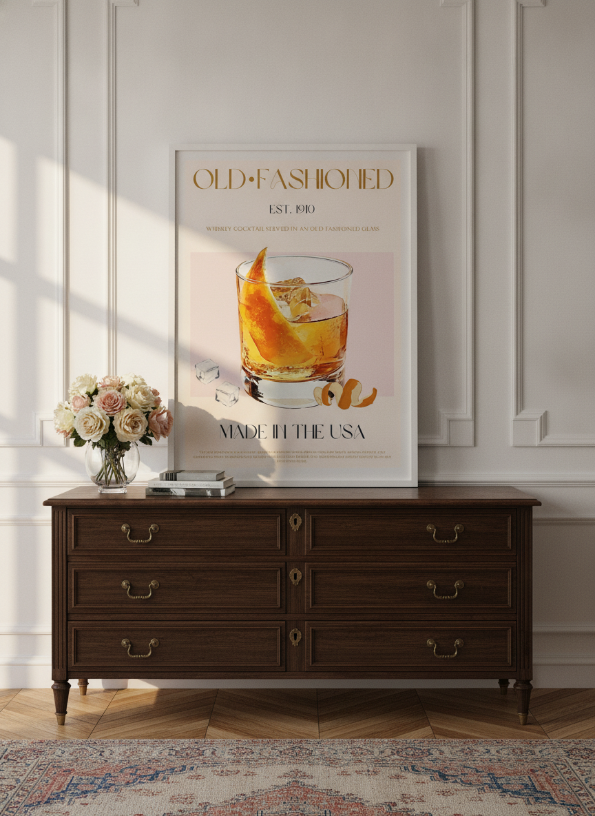 Modern wall art print standing on a sideboard in a Parisian living room