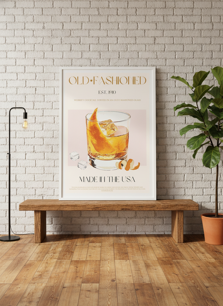 Modern wall art print standing on a bench in an industrial loft living room