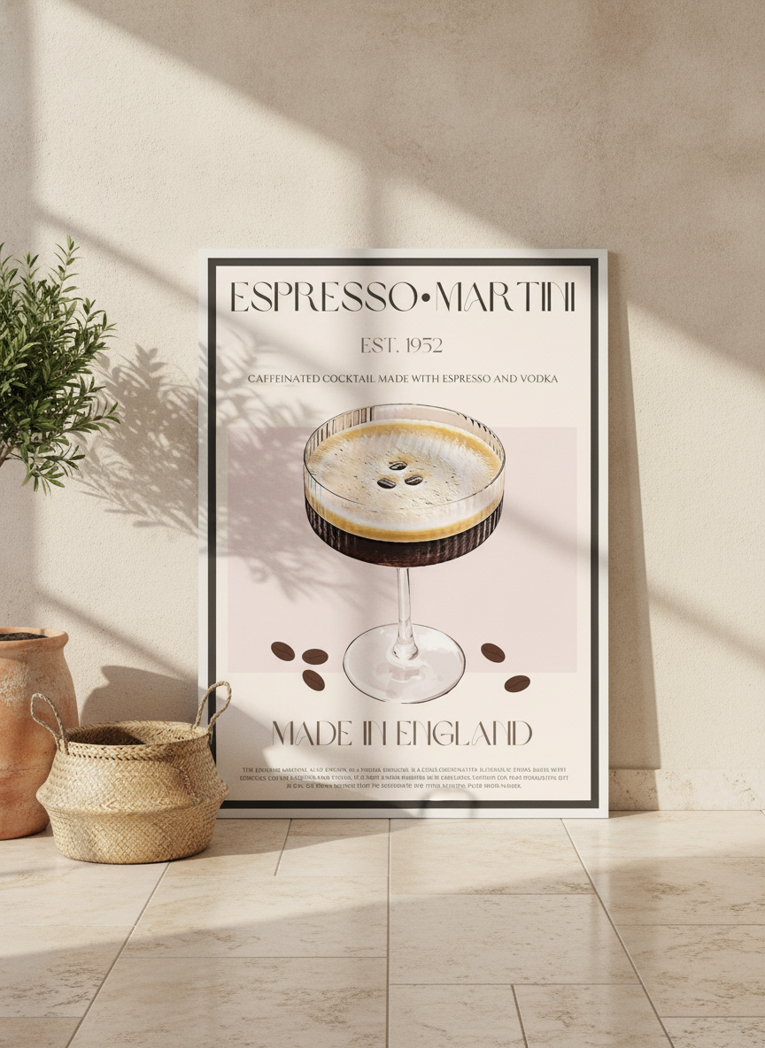 Canvas wall art with a white surround leaning against the wall in a Mediterranean kitchen