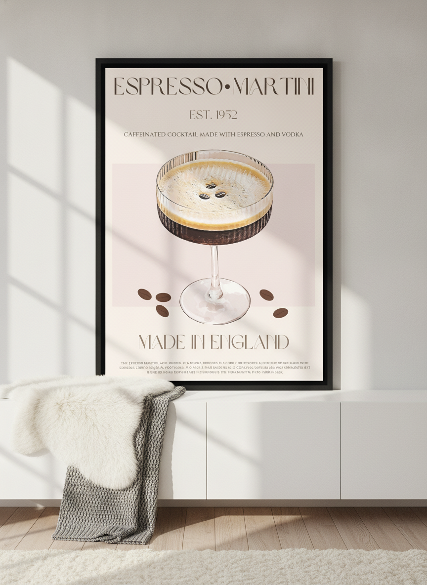 Canvas wall art with a black surround standing on a sideboard in a bright Scandinavian living room