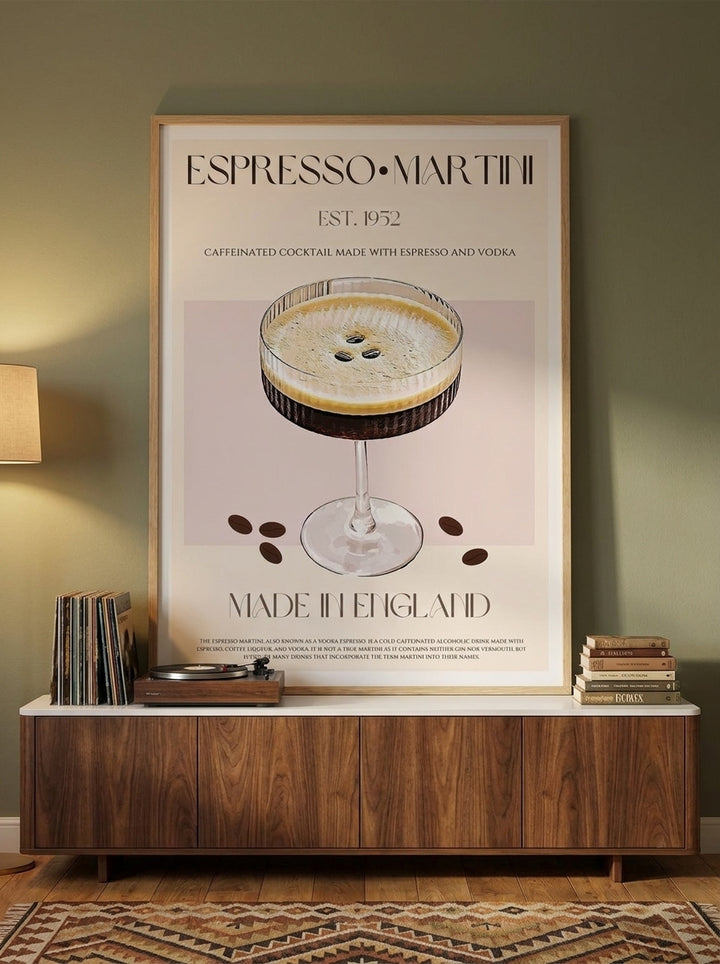 Modern wall art print styled on the wall in a mid-century kitchen