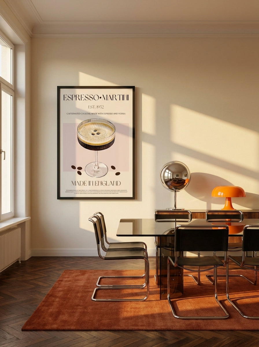 Oversized statement modern wall art print styled on the wall in a retro 70s dining room