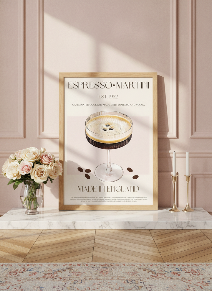 Modern wall art print standing on a kitchen bench in a Parisian kitchen
