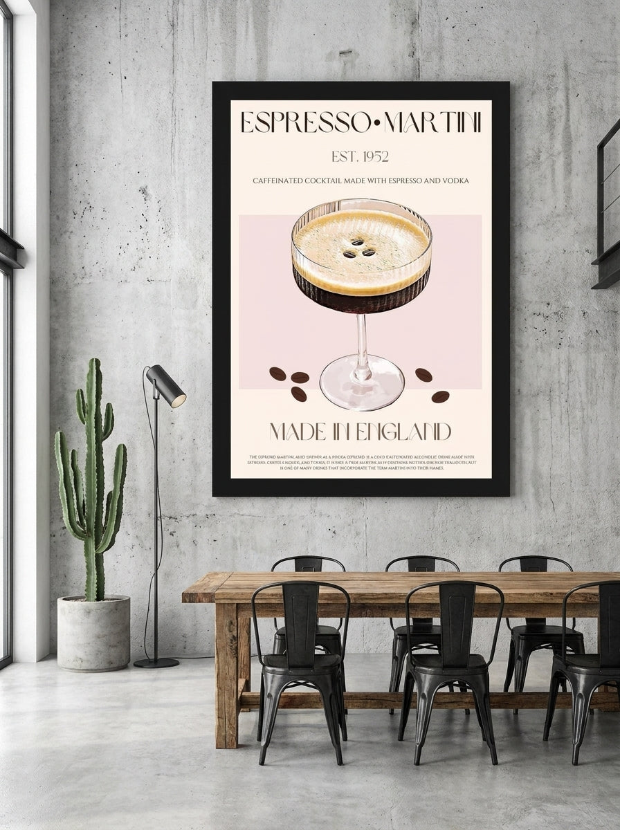 Oversized statement modern wall art print styled on the wall in an industrial loft dining room