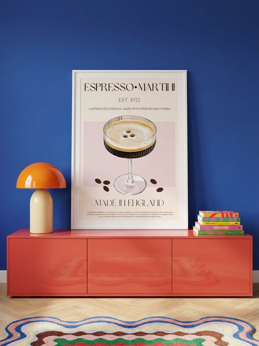 Modern wall art print standing on a sideboard in a colourful eclectic living room