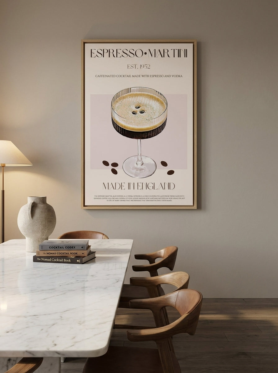 Oversized statement canvas wall art with a natural timber surround styled on the wall in a luxe dining room