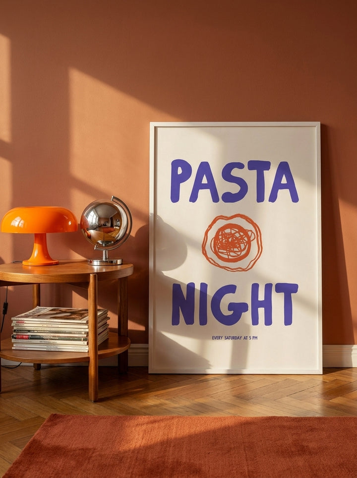 Modern wall art print leaning against the wall in a retro 70s dining room