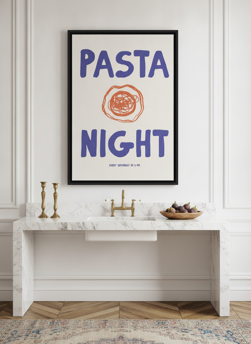 Canvas wall art with a black surround styled on the wall in a Parisian kitchen