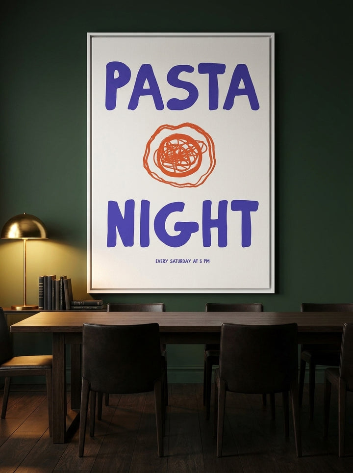 Oversized statement canvas wall art with a white surround styled on the wall in a moody dining room