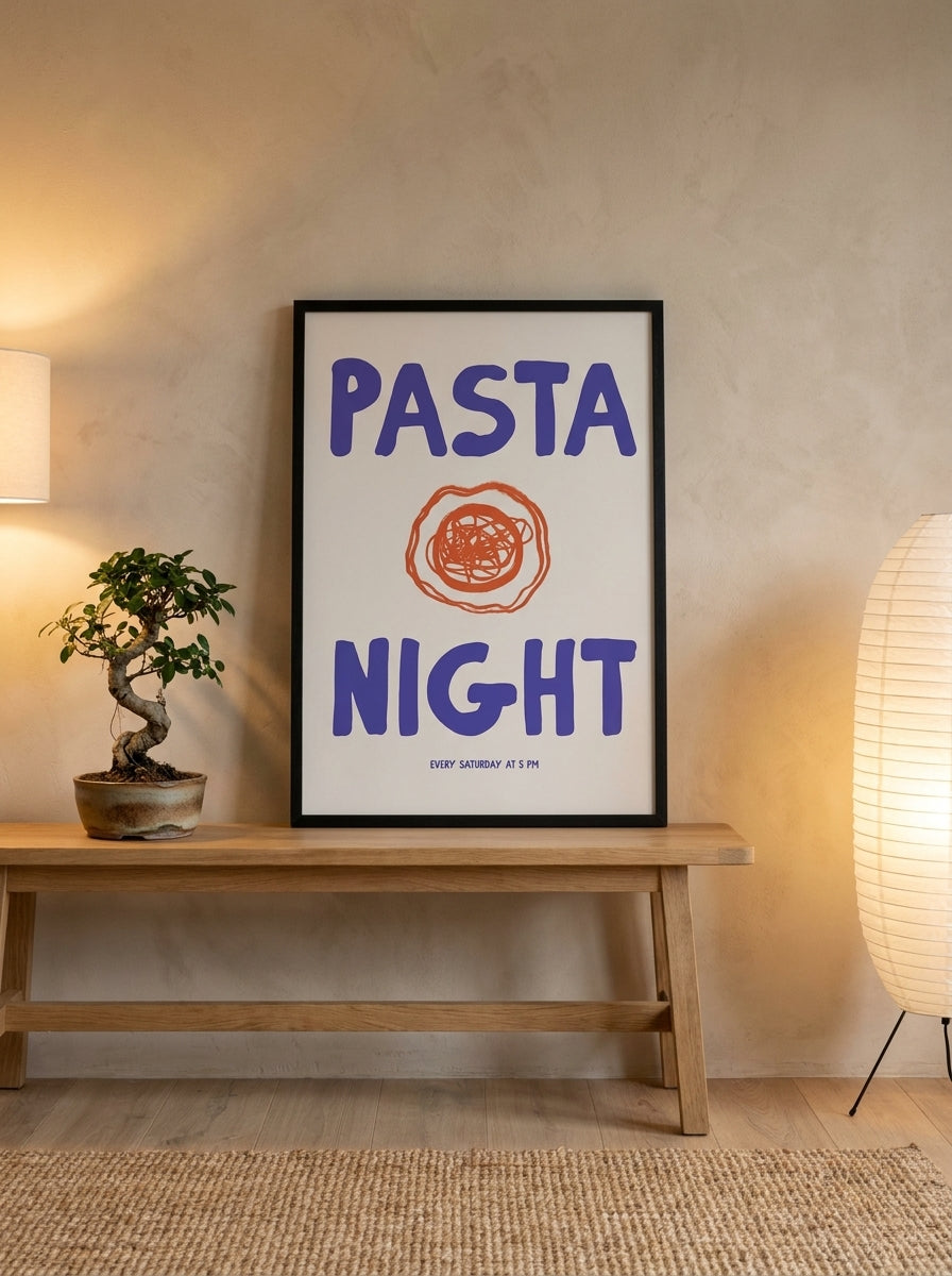 Modern wall art print standing on a kitchen bench in a warm Japandi kitchen