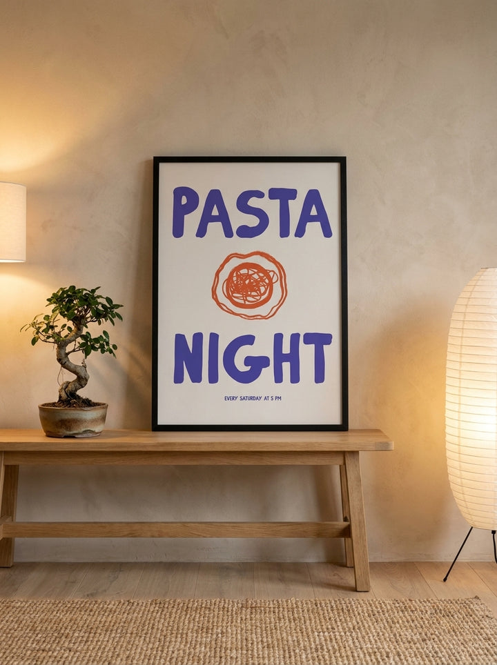 Modern wall art print standing on a kitchen bench in a warm Japandi kitchen