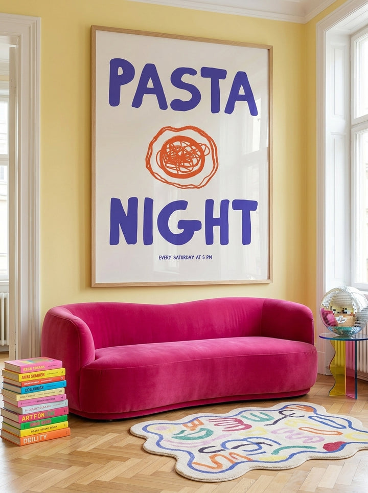 Oversized statement modern wall art print styled on the wall in a colourful eclectic living room
