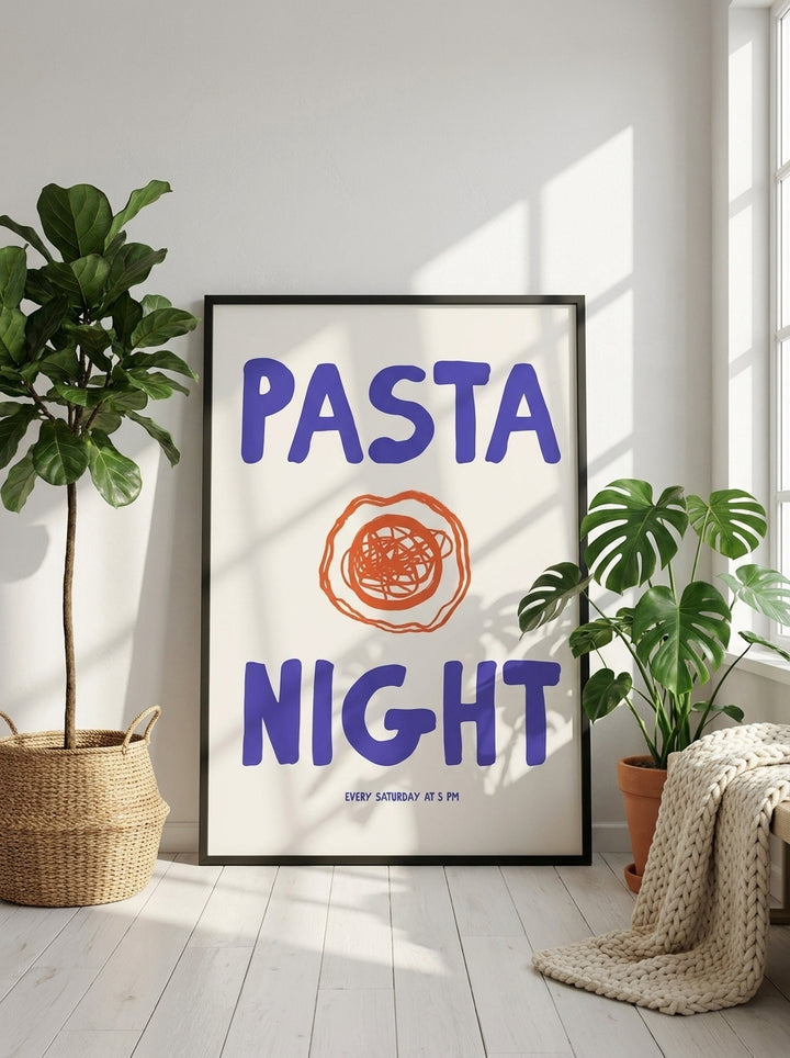 Oversized statement modern wall art print leaning against the wall in a bright Scandinavian dining room