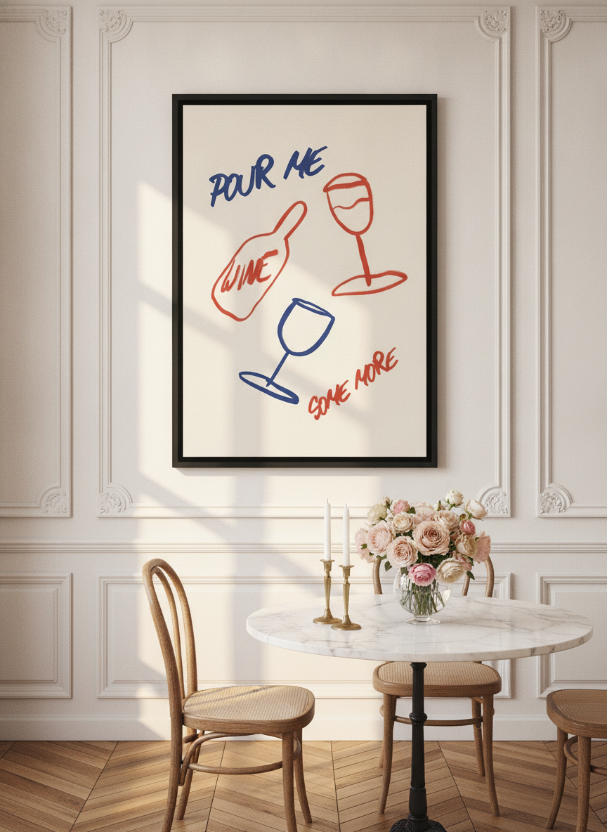 Canvas wall art with a black surround styled on the wall in a Parisian dining room