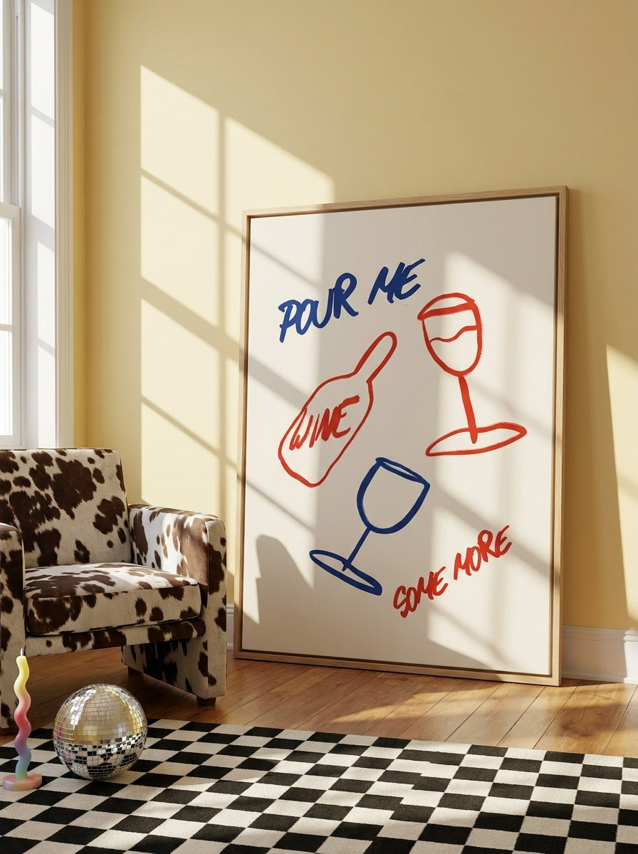 Oversized statement canvas wall art with a natural timber surround leaning against the wall in a colourful eclectic living room
