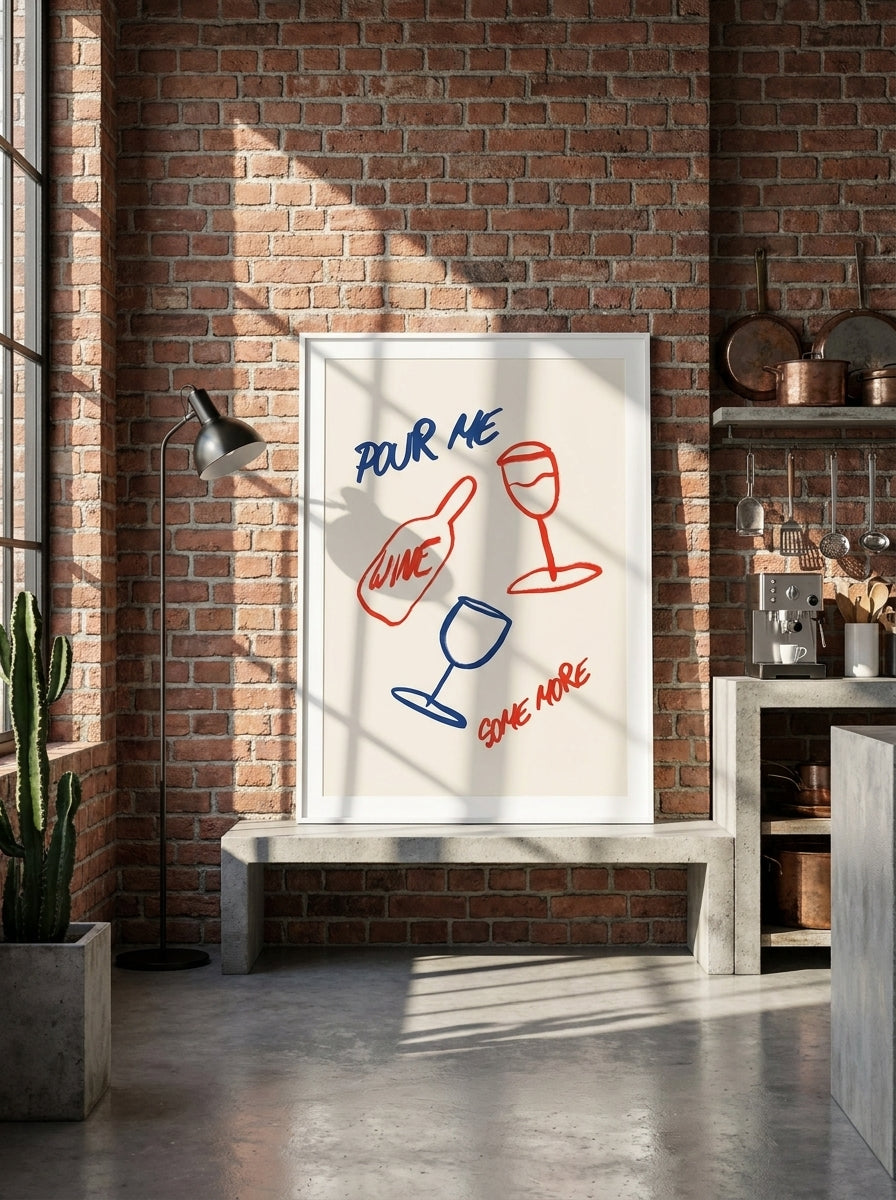 Modern wall art print standing on a kitchen bench in an industrial loft kitchen