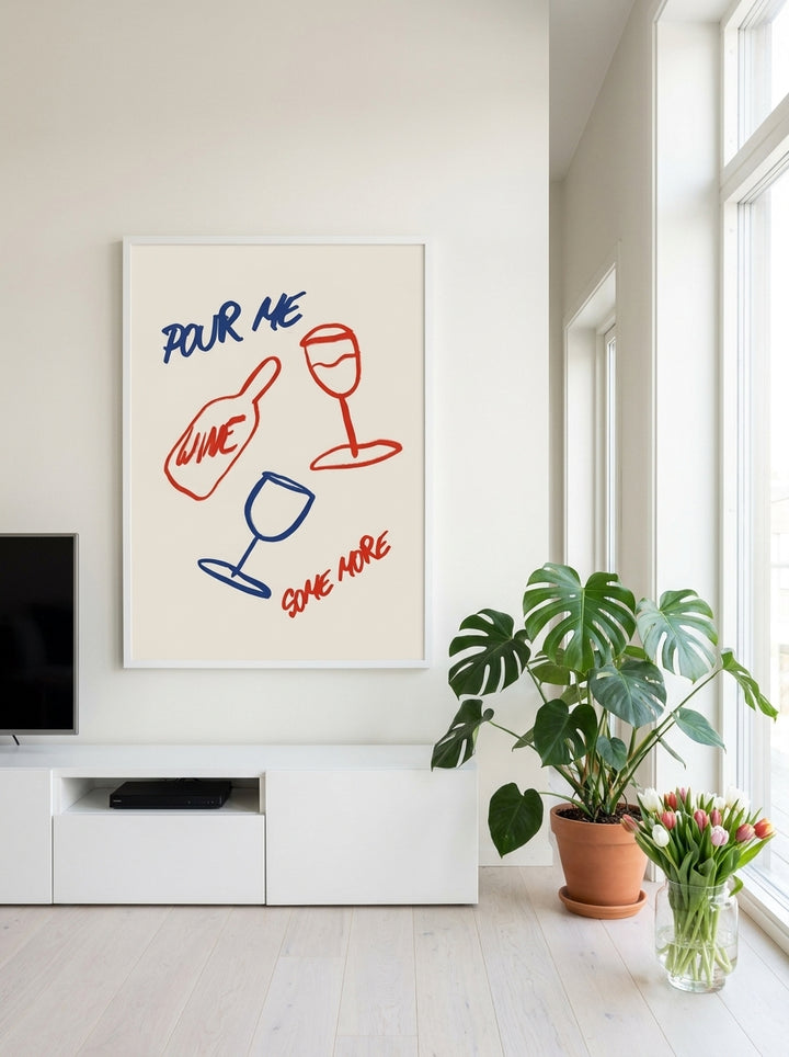 Oversized statement modern wall art print styled on the wall in a bright Scandinavian living room