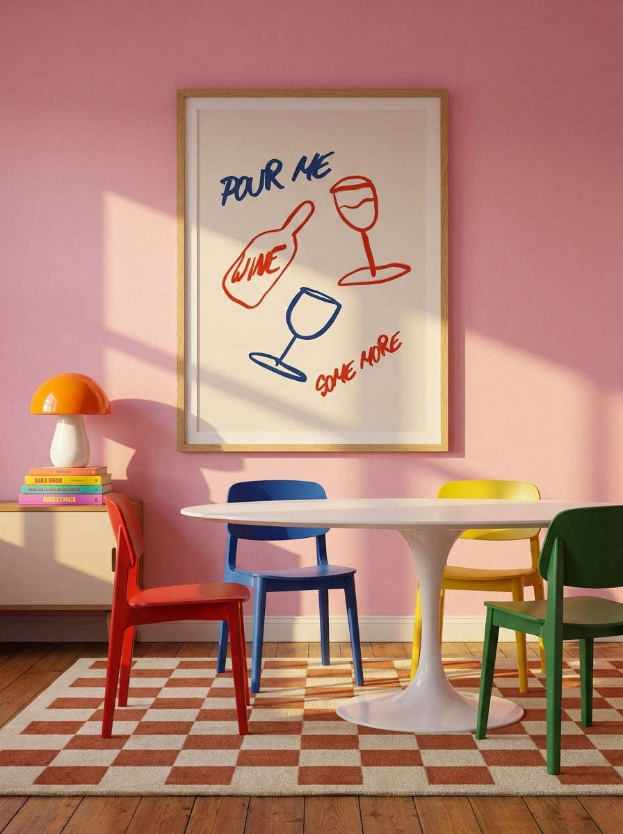 Modern wall art print styled on the wall in a colourful eclectic dining room