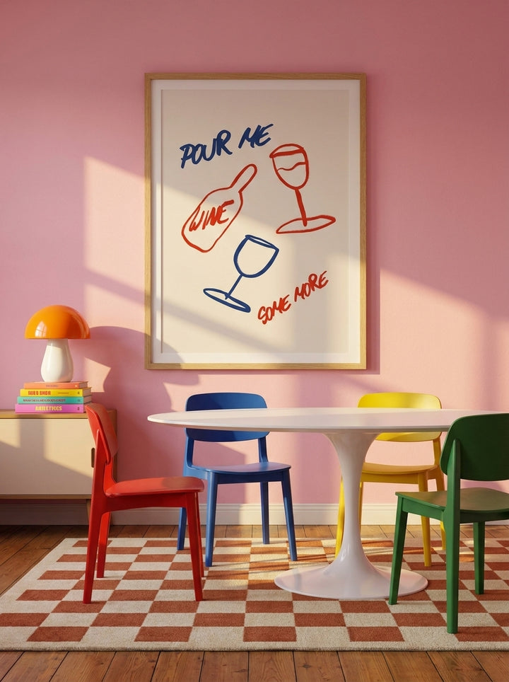 Modern wall art print styled on the wall in a colourful eclectic dining room