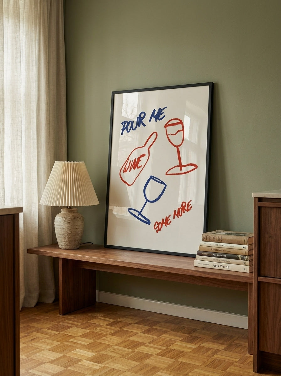 Modern wall art print standing on a kitchen bench in a mid-century kitchen