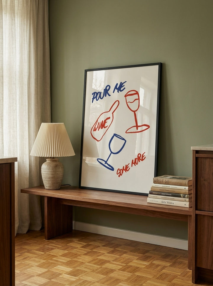 Modern wall art print standing on a kitchen bench in a mid-century kitchen