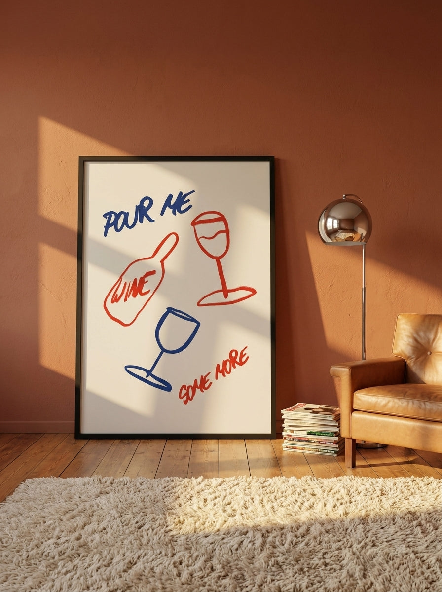 Oversized statement modern wall art print leaning against the wall in a retro 70s dining room