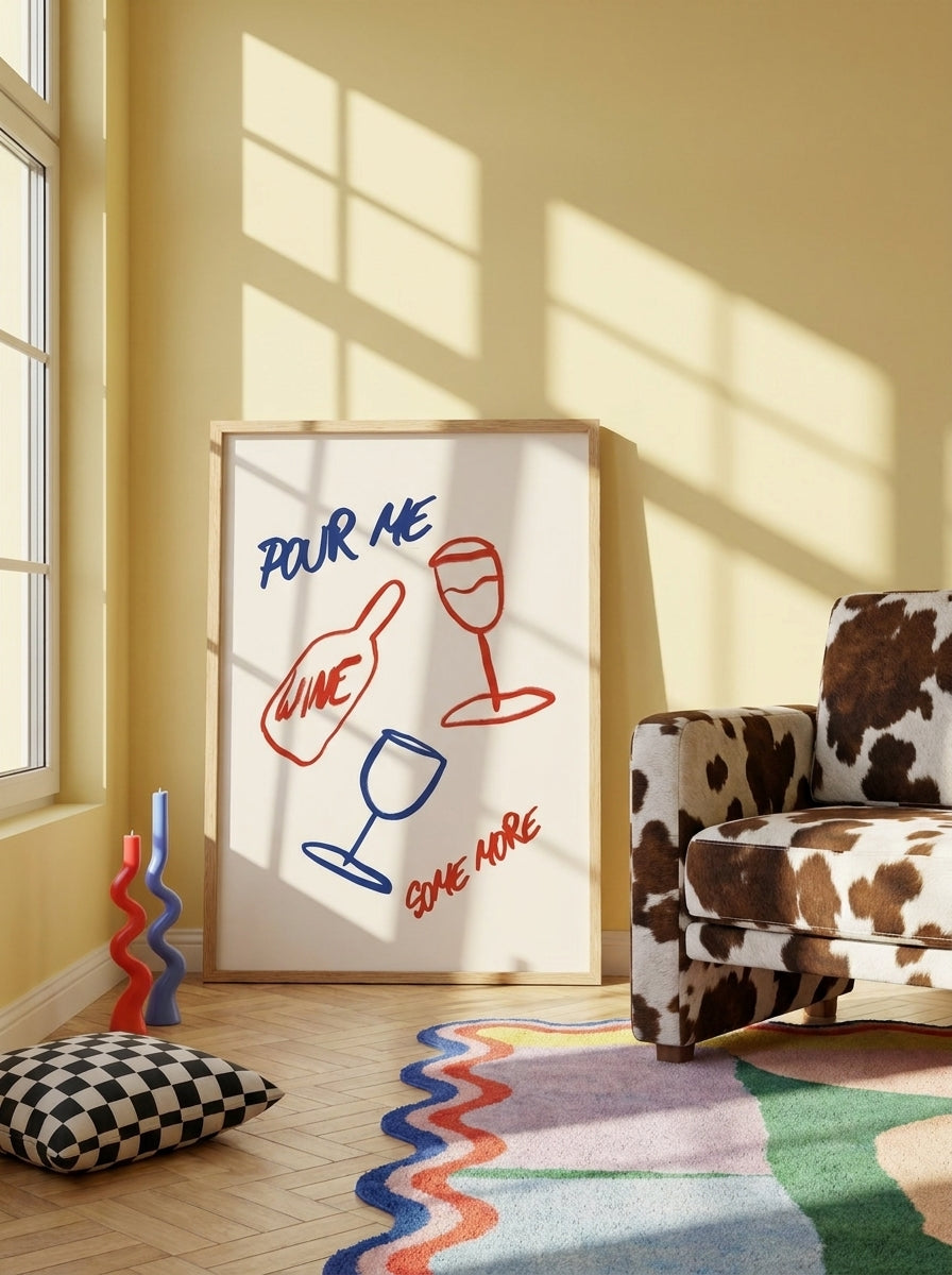 Modern wall art print leaning against the wall in a colourful eclectic living room