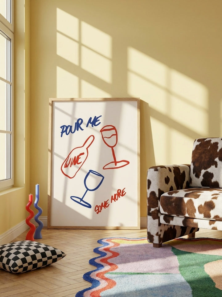 Modern wall art print leaning against the wall in a colourful eclectic living room