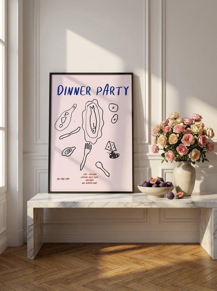 Modern wall art print standing on a kitchen bench in a Parisian kitchen