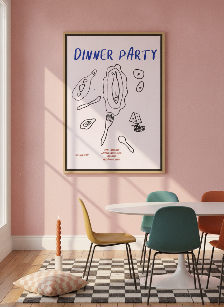 Oversized statement canvas wall art with a natural timber surround styled on the wall in a colourful eclectic dining room
