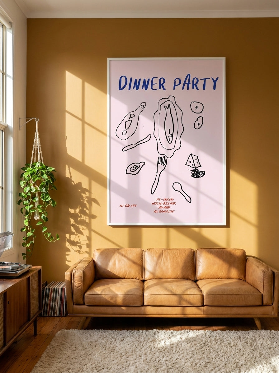 Oversized statement modern wall art print styled on the wall in a retro 70s living room