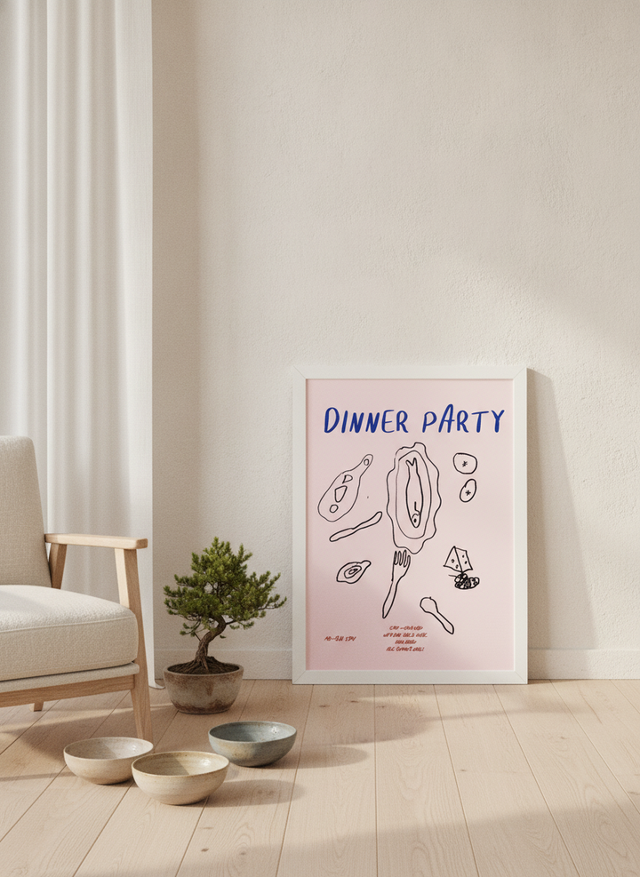 Modern wall art print leaning against the wall in a warm Japandi kitchen