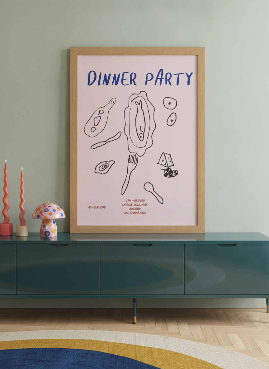 Modern wall art print standing on a sideboard in a colourful eclectic living room