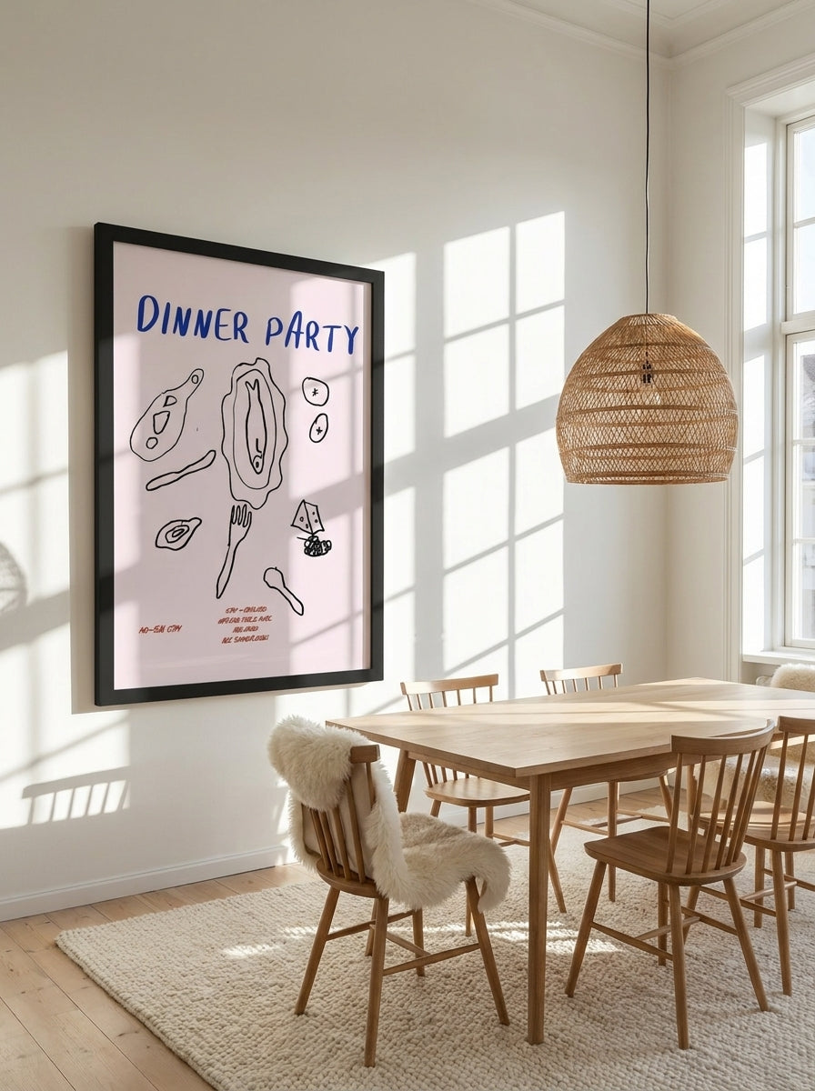 Oversized statement modern wall art print styled on the wall in a bright Scandinavian dining room