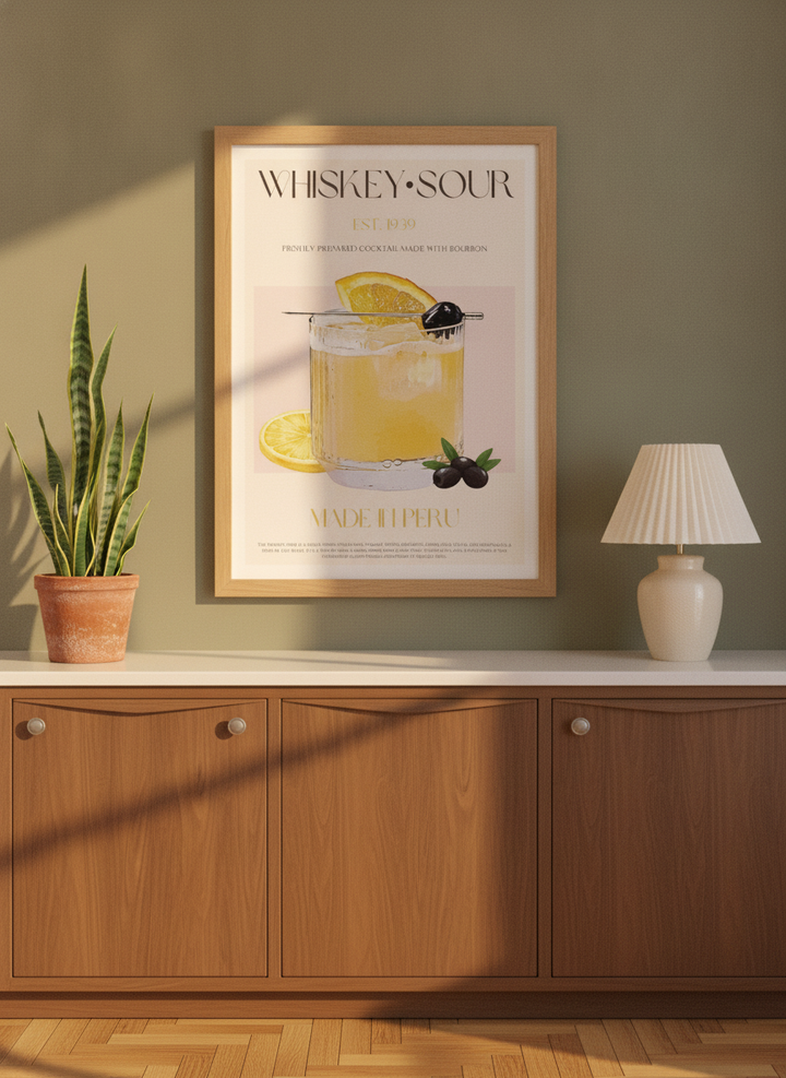 Modern wall art print styled on the wall in a mid-century kitchen