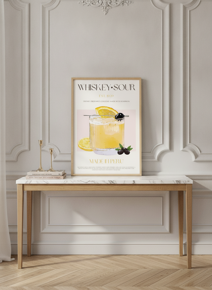 Modern wall art print standing on a console in a Parisian bathroom
